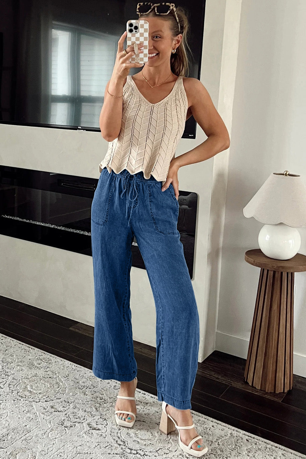 Sail Blue Mineral Wash Drawstring Elastic Waistband Loose Straight Denim Pants