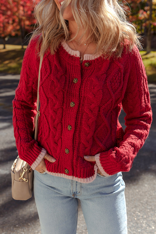 Racing Red Color Contrast Edge Cable Knit Buttoned Cardigan
