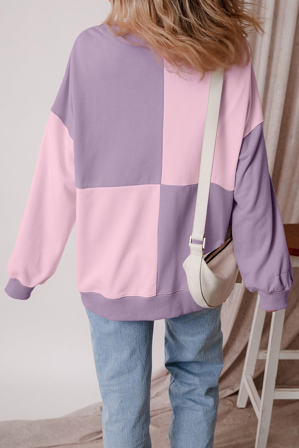 Pink Colorblock Henley High Low Oversize Sweatshirt