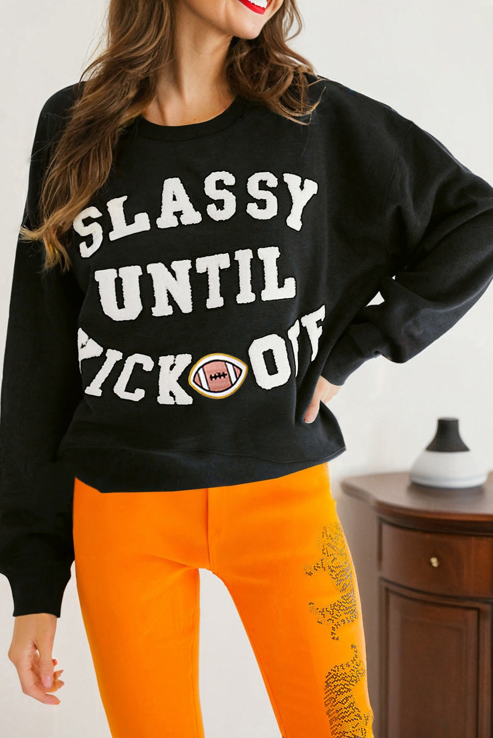 Navy Blue CLASSY UNTIL KICKOFF Plush Letter Patched Loose Sweatshirt