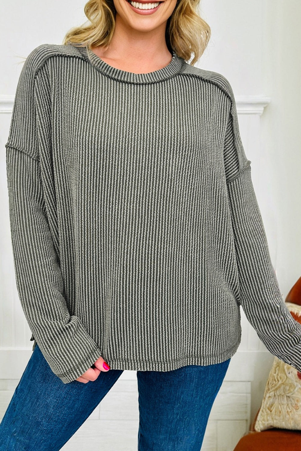 Black Twist Ribbed Exposed Seam Detail Long Sleeve Loose Top