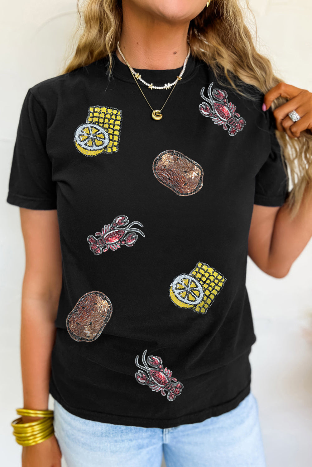 White Sequin Crawfish Potato Lemon Corn Graphic Crewneck T Shirt