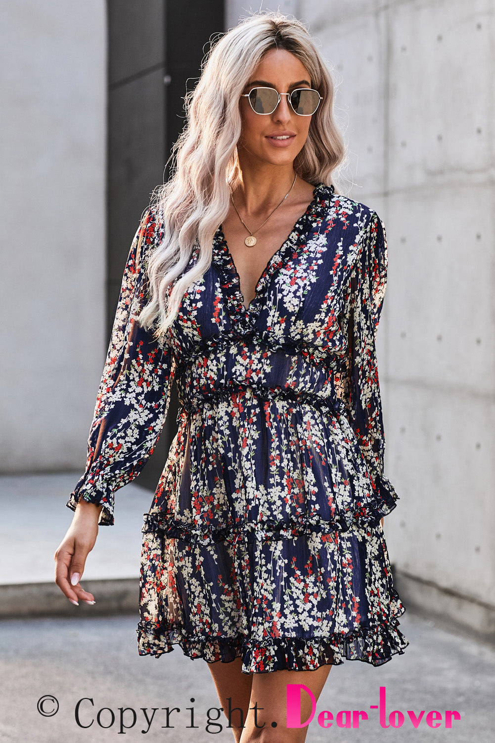 Blue Ruffle Detailing Open Back Floral Dress