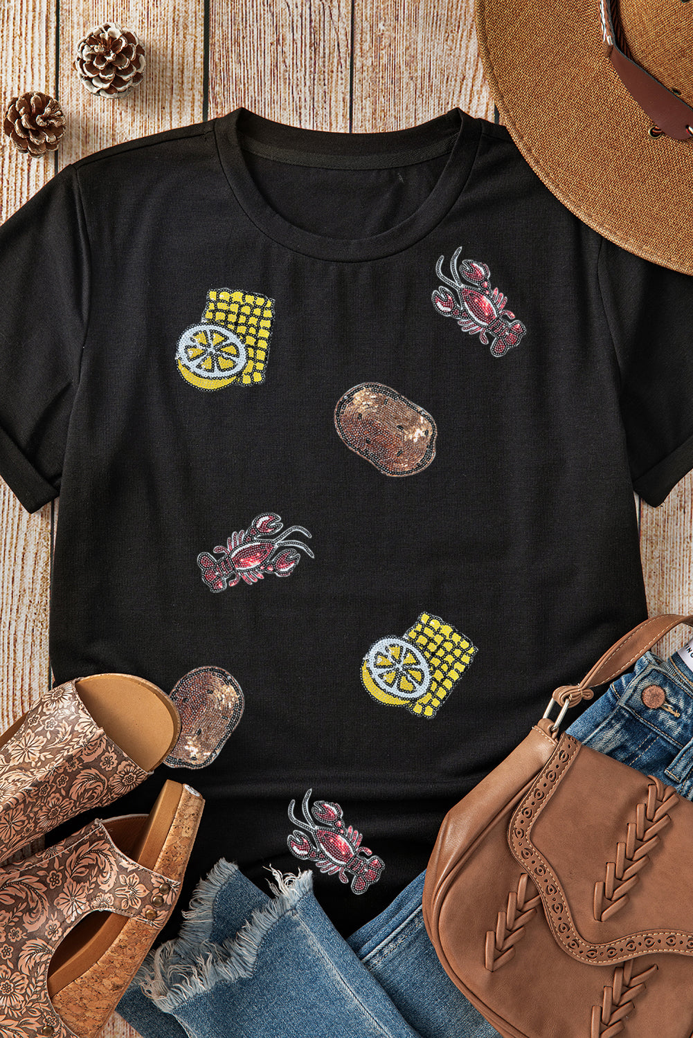 White Sequin Crawfish Potato Lemon Corn Graphic Crewneck T Shirt