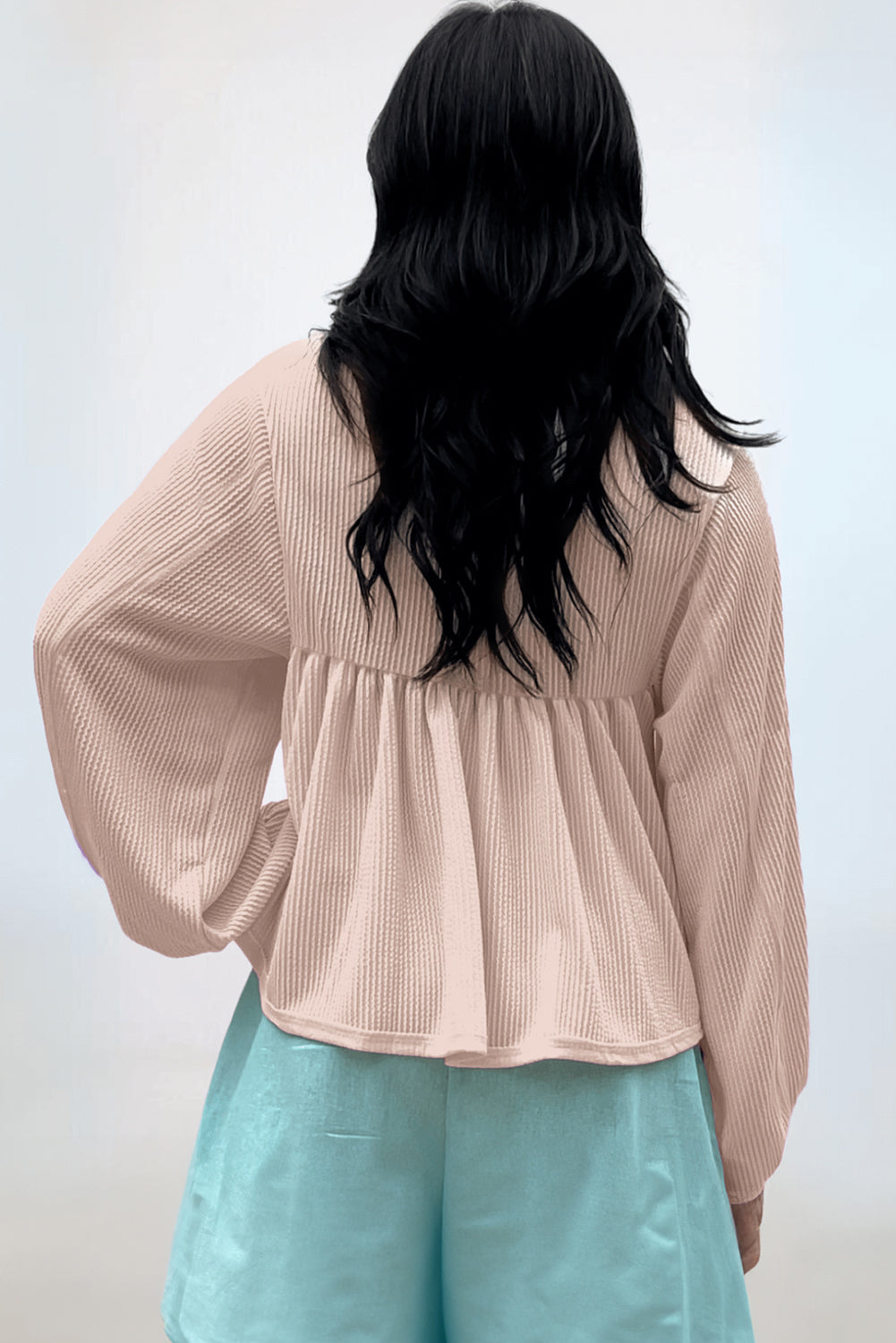 Phalaenopsis Corded Turn-down V Neck Bubble Sleeve Babydoll Blouse