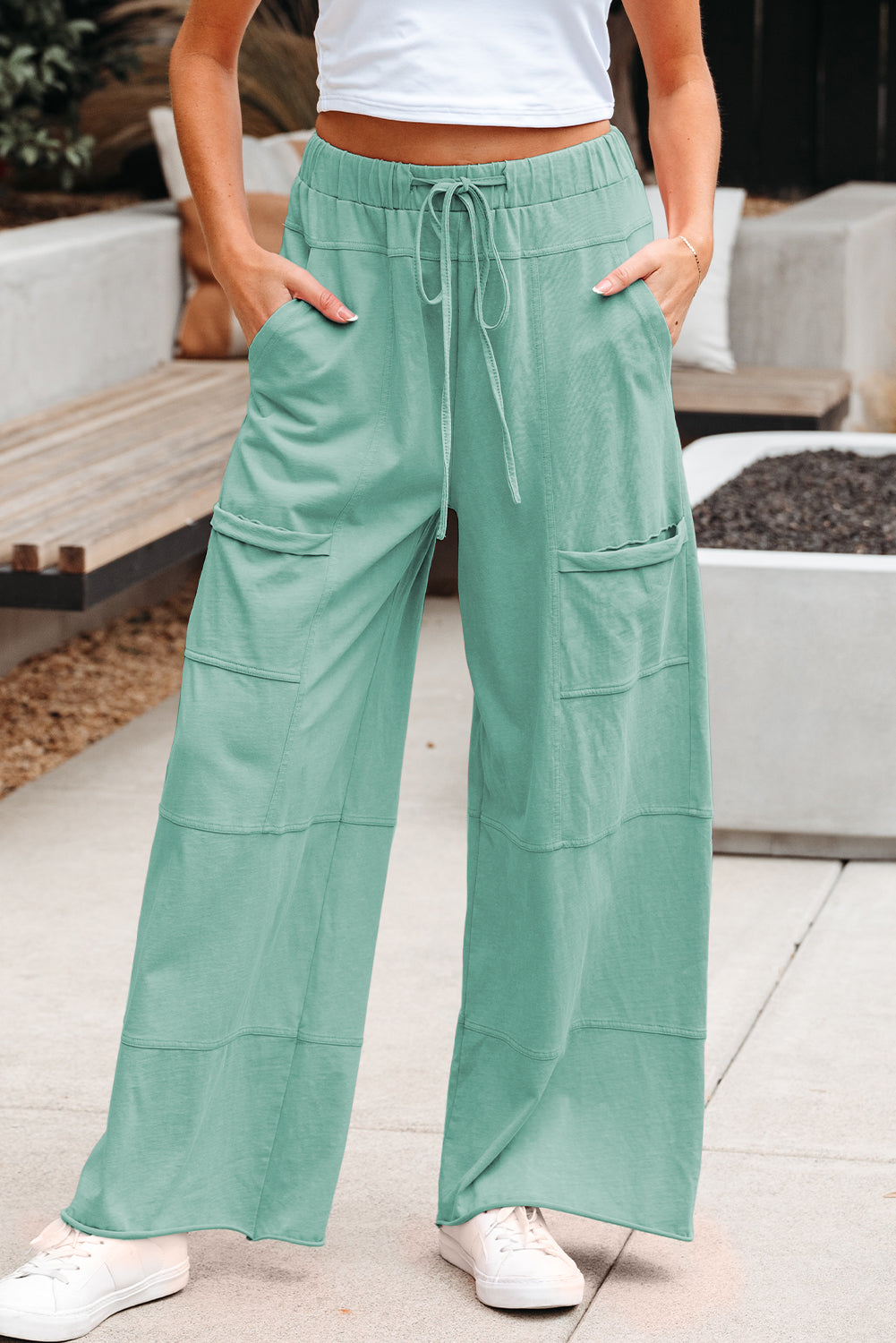Mint Green Mineral Wash Exposed Seam Drawstring Elastic Waistband Wide Leg Cargo Pants