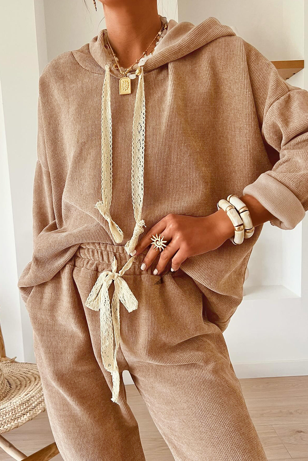 Jet Stream Lace Drawstring Pullover Hoodie and High Waist Pants Corduroy Suit