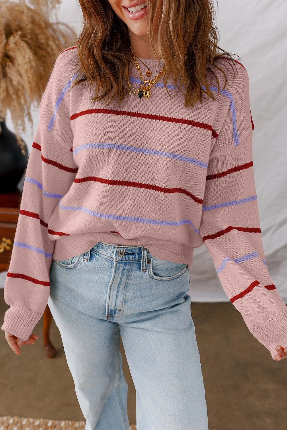 Brown Stripe Striped Ribbed Edge Drop Shoulder Sweater