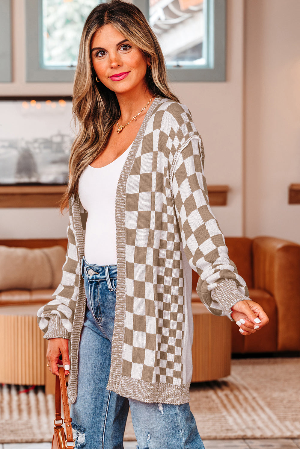 Orange Checkered Open Front Drop Shoulder Cardigan