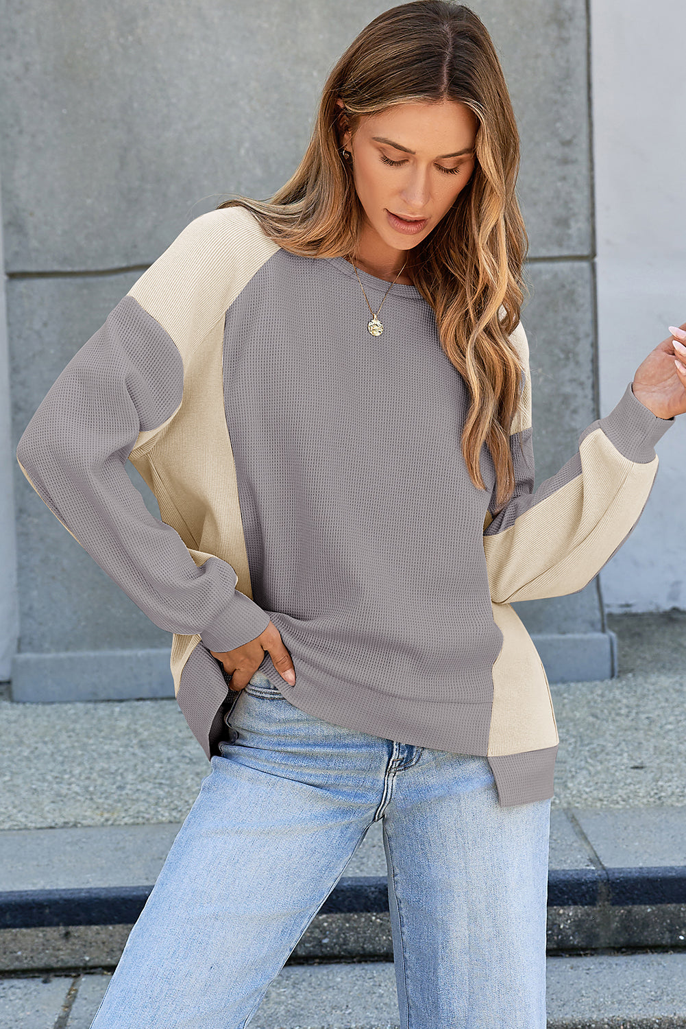 Apricot Pink Color Block Waffle High Low Raglan Sleeve Sweatshirt