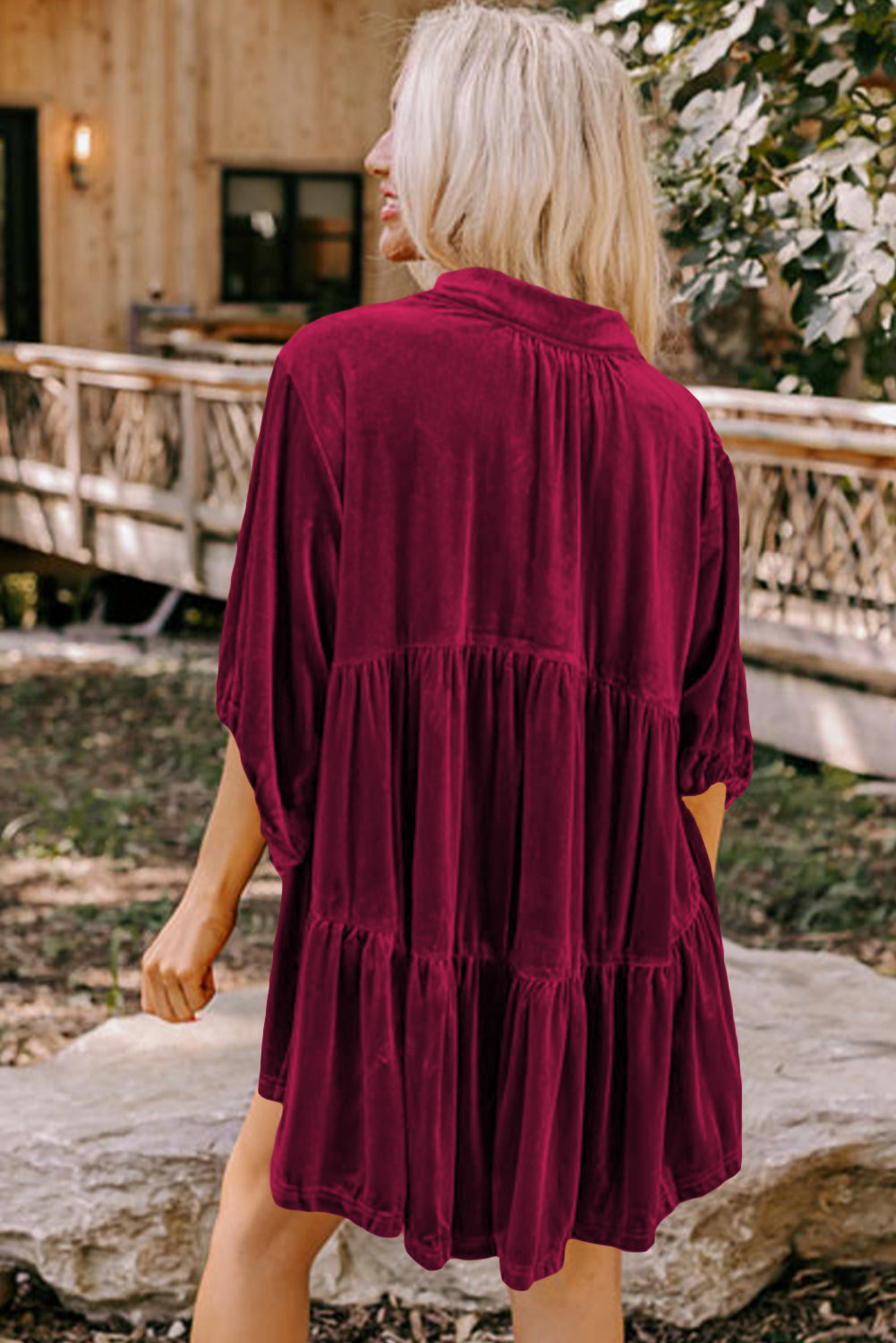 Dark Grey 3/4 Sleeve Tunic Babydoll Velvet Shirt