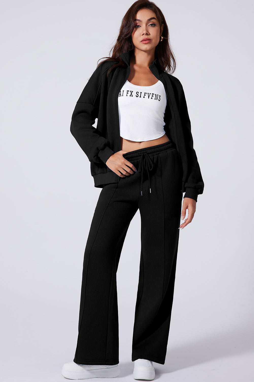 Beige Drop Shoulder Zip Up Jacket Drawstring Pants Active 2pcs Set