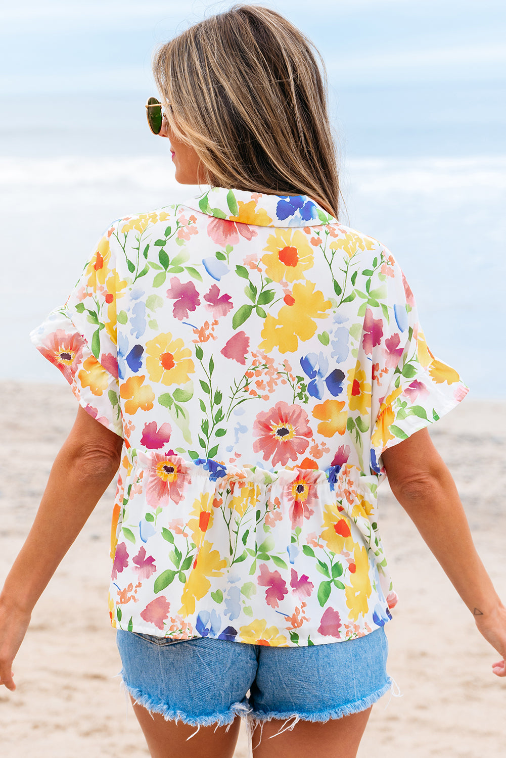 Pink Floral Boxy Fit Ruffled Short Sleeve V Neck Blouse