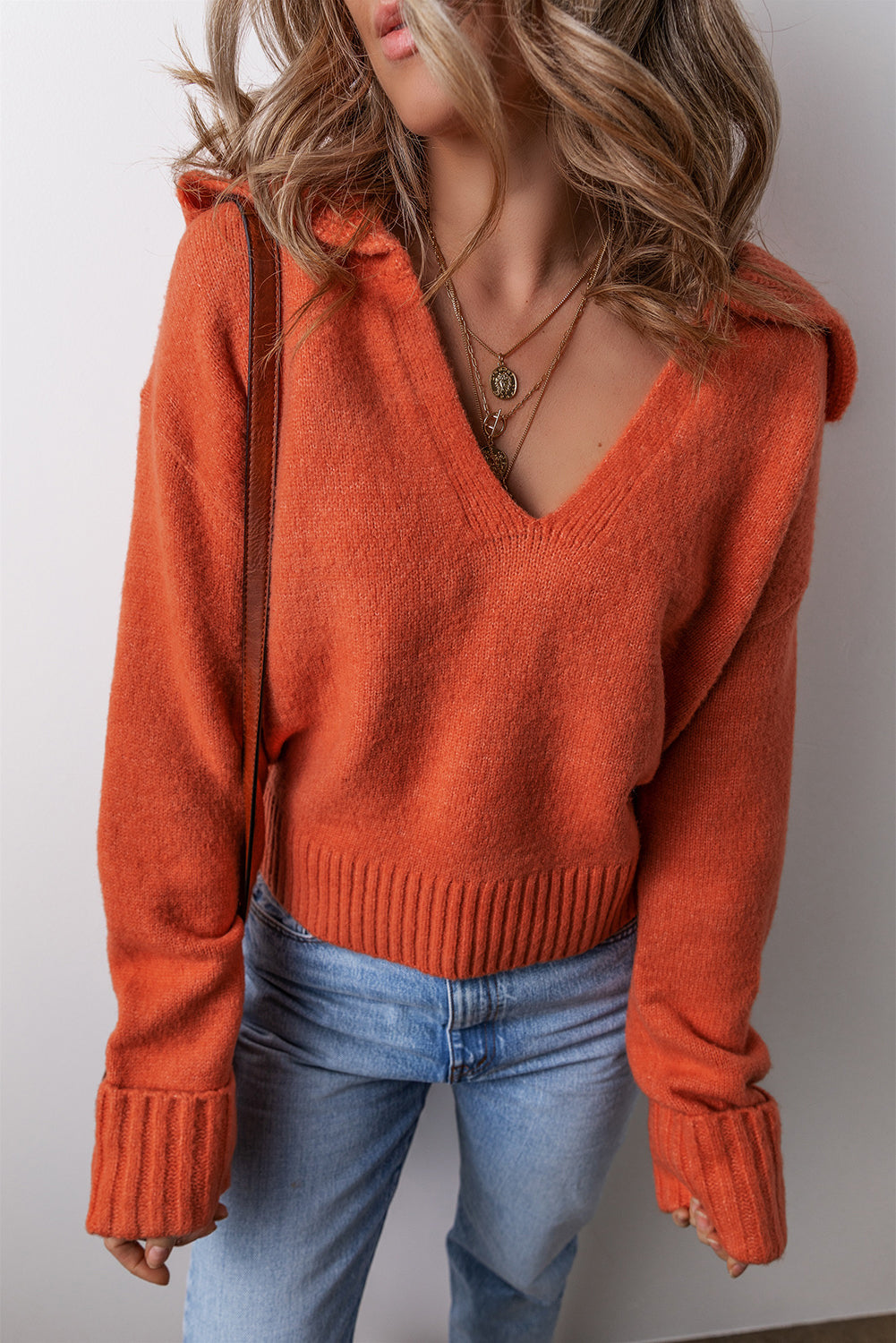 Chestnut Collared V Neck Ribbed Edge Sexy Elegant Sweater