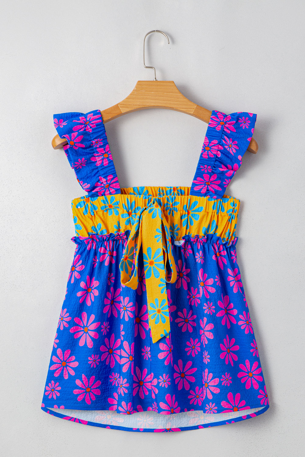 Blue Floral Colorblock Flutter Straps Flowy Tank Top