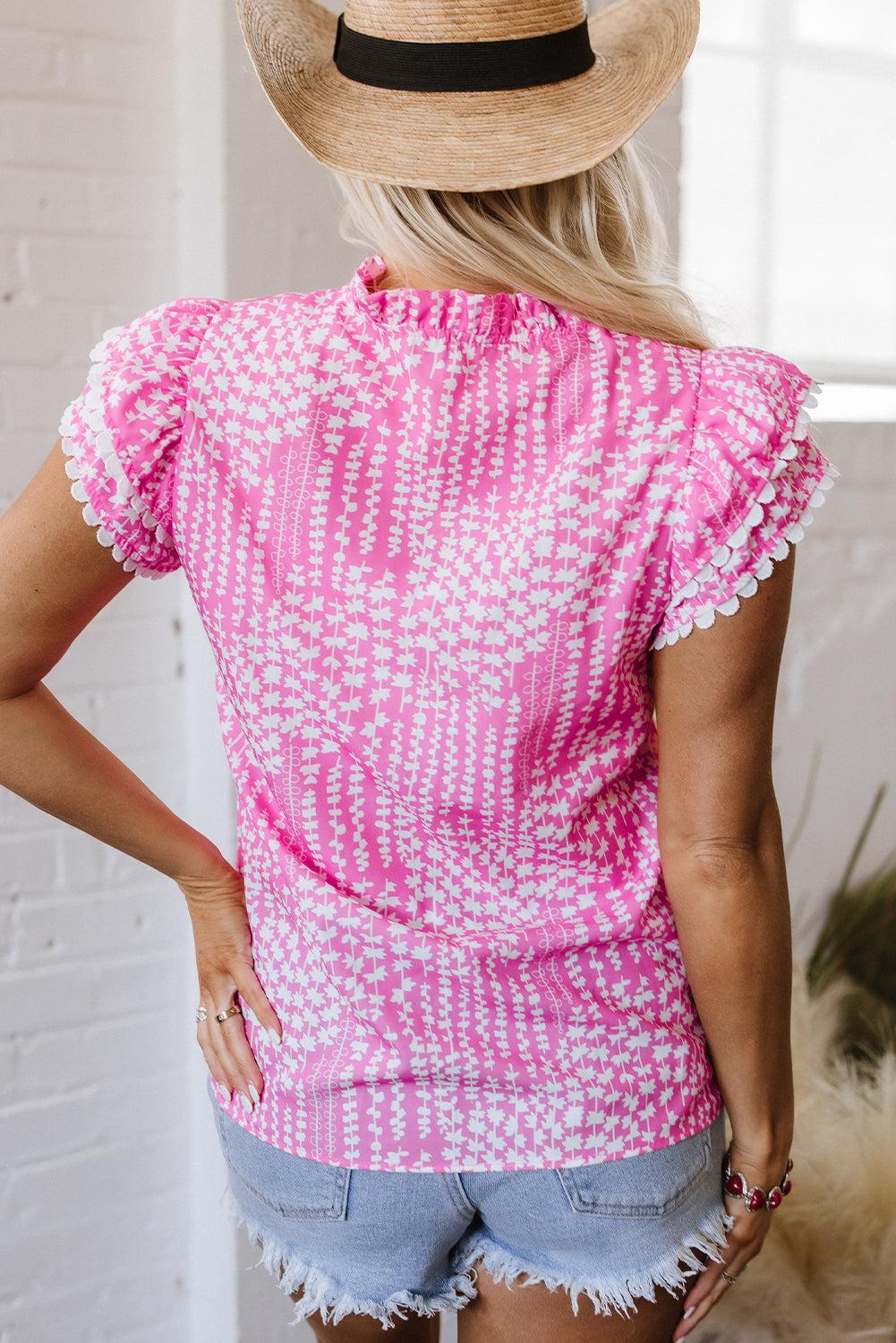 Pink Abstract Print Ric Rac Trim Flutter Sleeve Notch V Neck Blouse