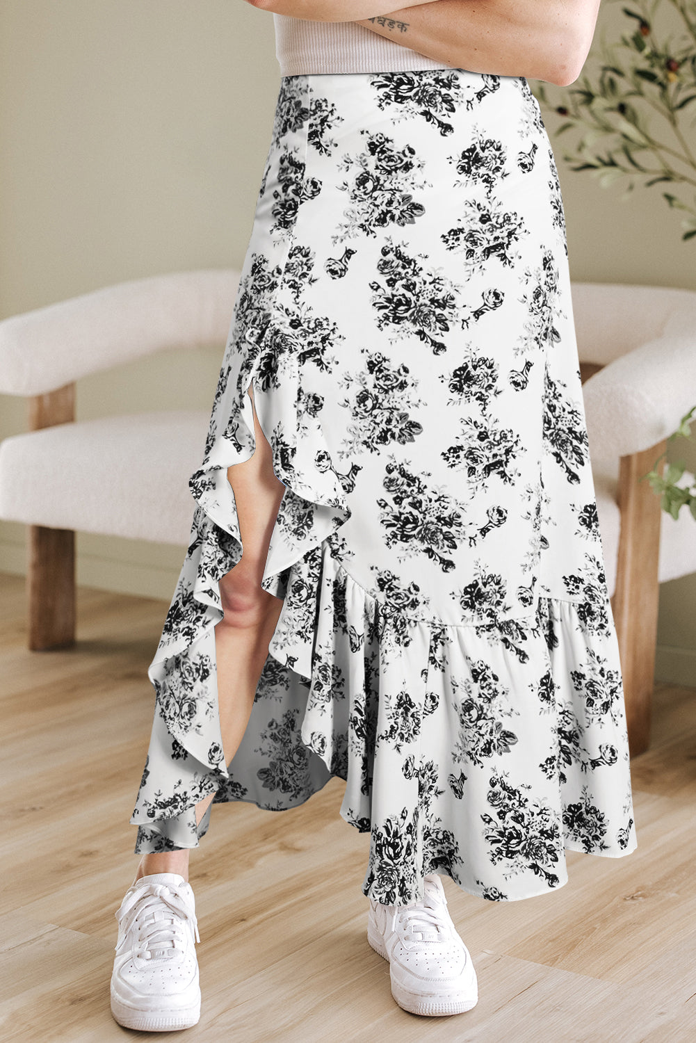 Black Boho Floral High Waist Ruffle Split Maxi Skirt