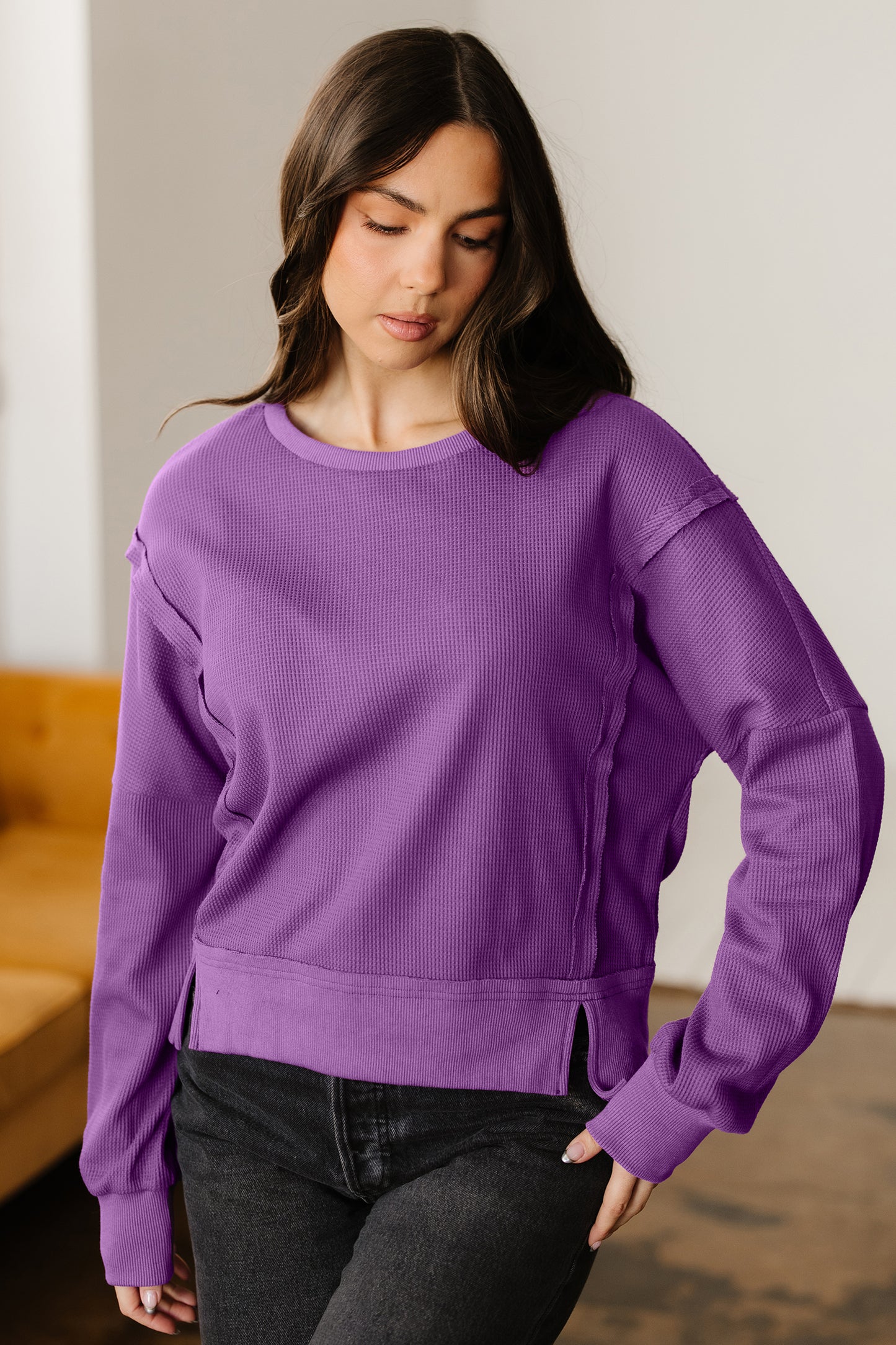 Evergreen Solid Color Raw Seam Patchwork Ribbed Drop Shoulder Sweatshirt