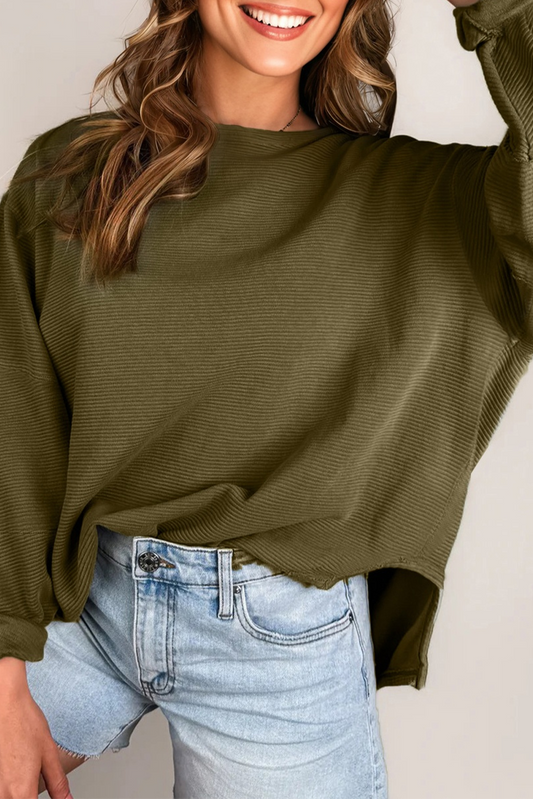 Seagrass Horizontal Ribbed Exposed Seam Patchwork Sleeve Loose Top