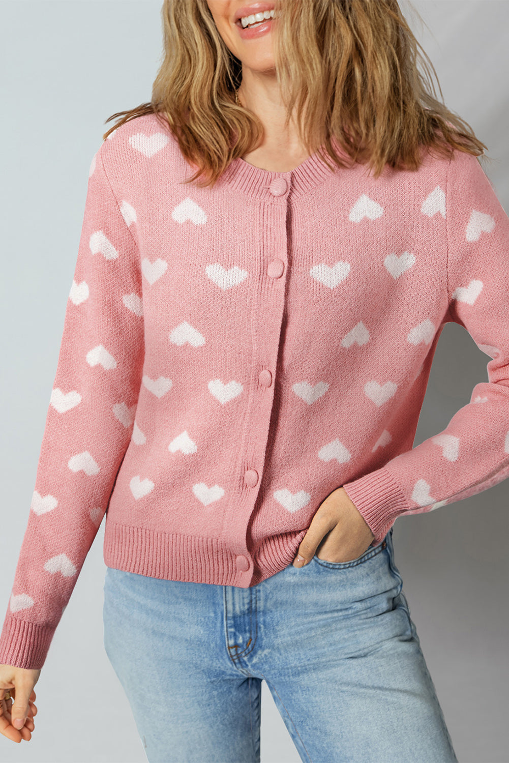 Light Pink Heart Pattern Button Front Cardigan Sweater