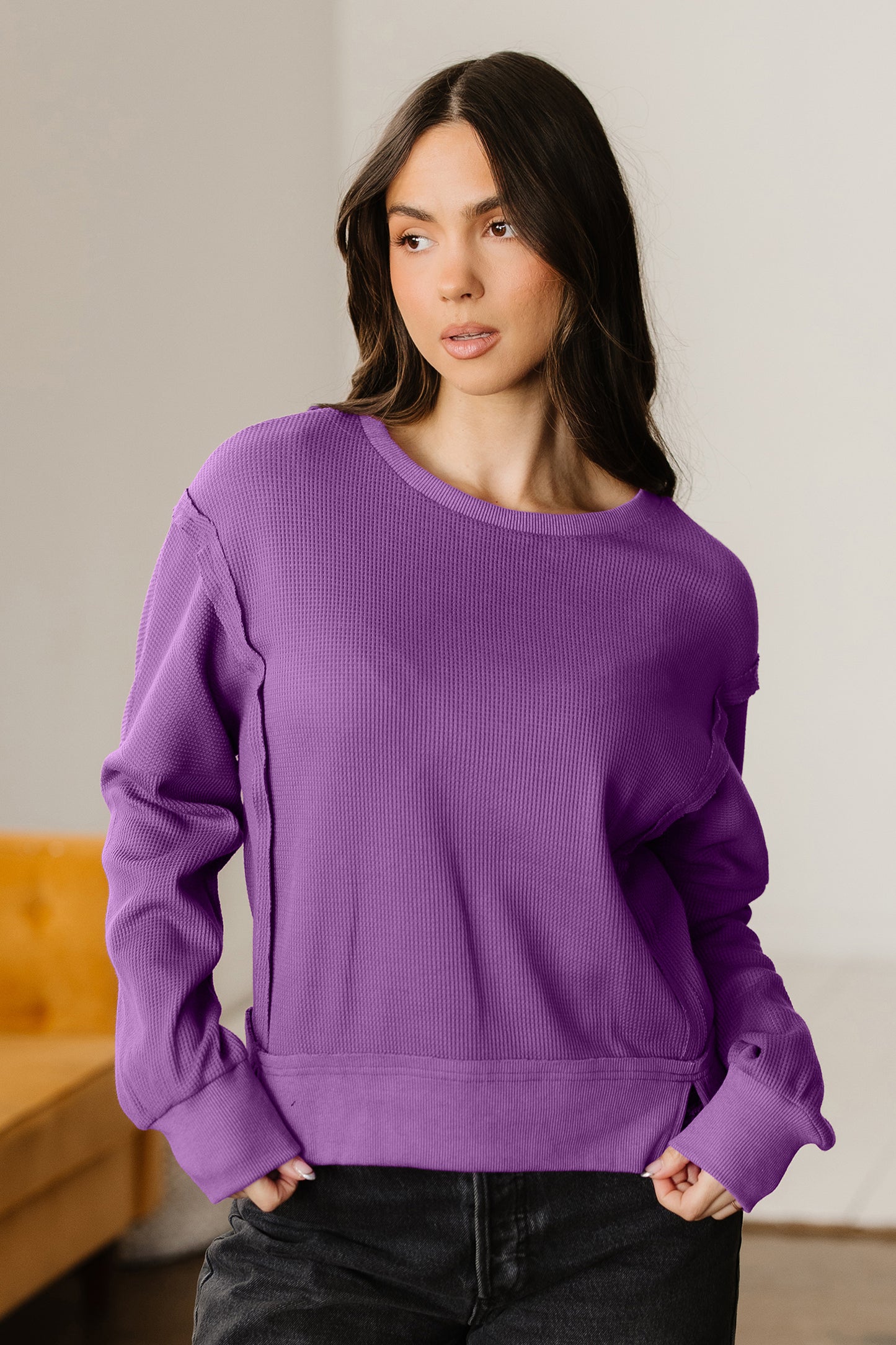 Evergreen Solid Color Raw Seam Patchwork Ribbed Drop Shoulder Sweatshirt