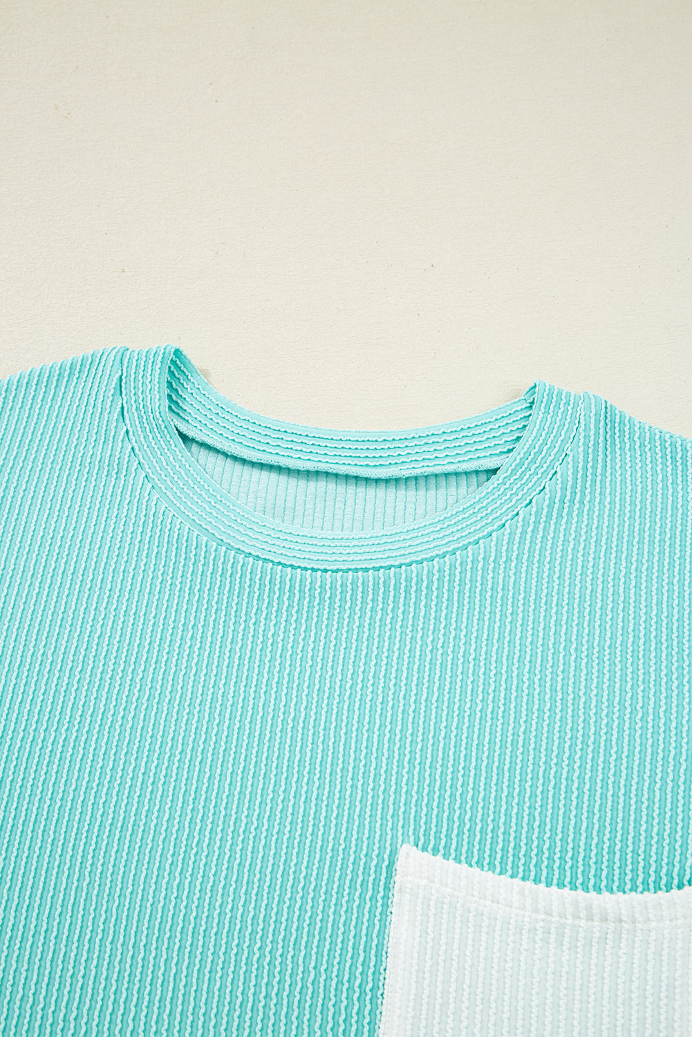 Iceland Blue 3D Ribbed Texture Contrast Patched Pocket Long Sleeve Top