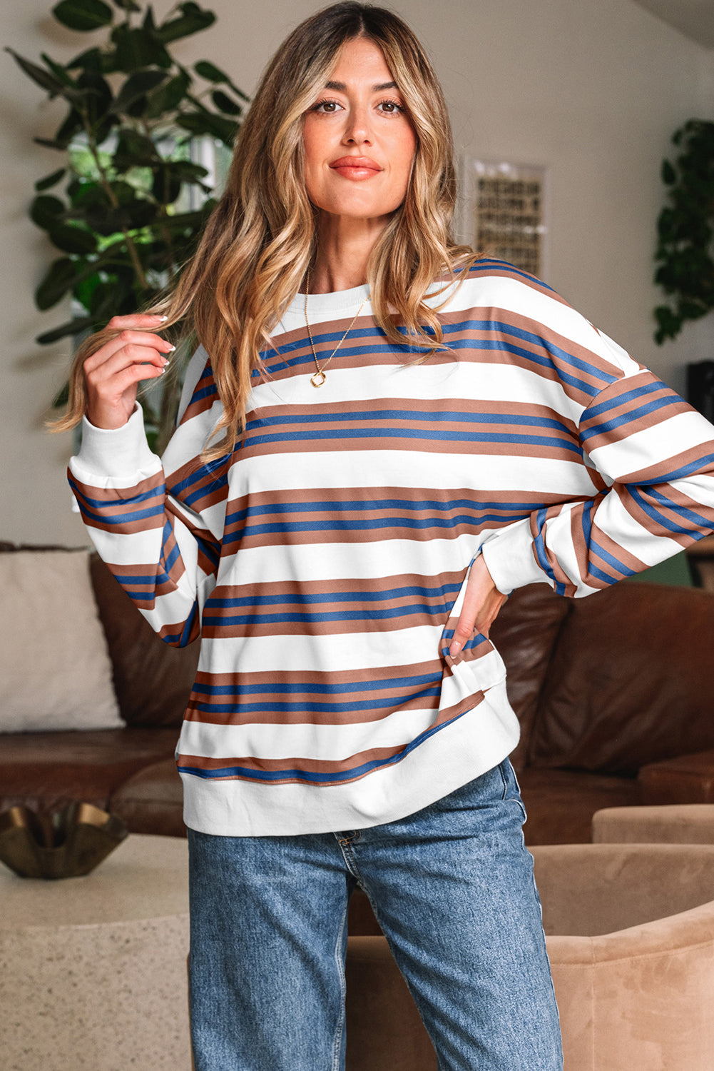 Khaki Stripe Crew Neck Drop Shoulder Pullover Sweatshirt