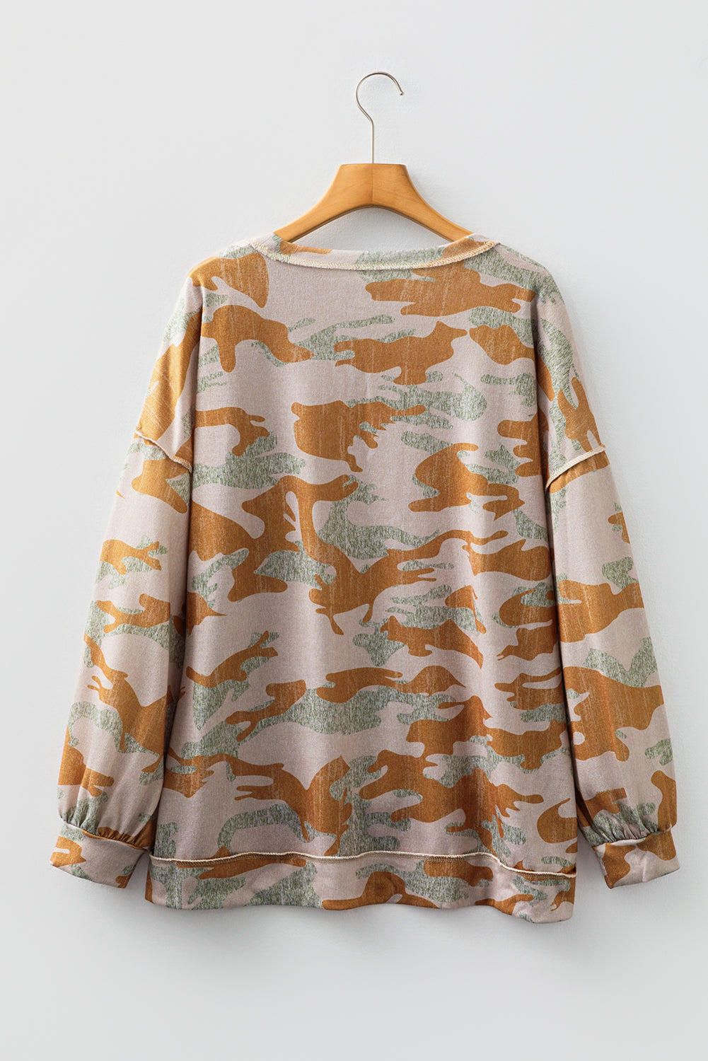 Green Retro Camouflage Print Exposed Seam Patchwork Drop Shoulder Sweatshirt