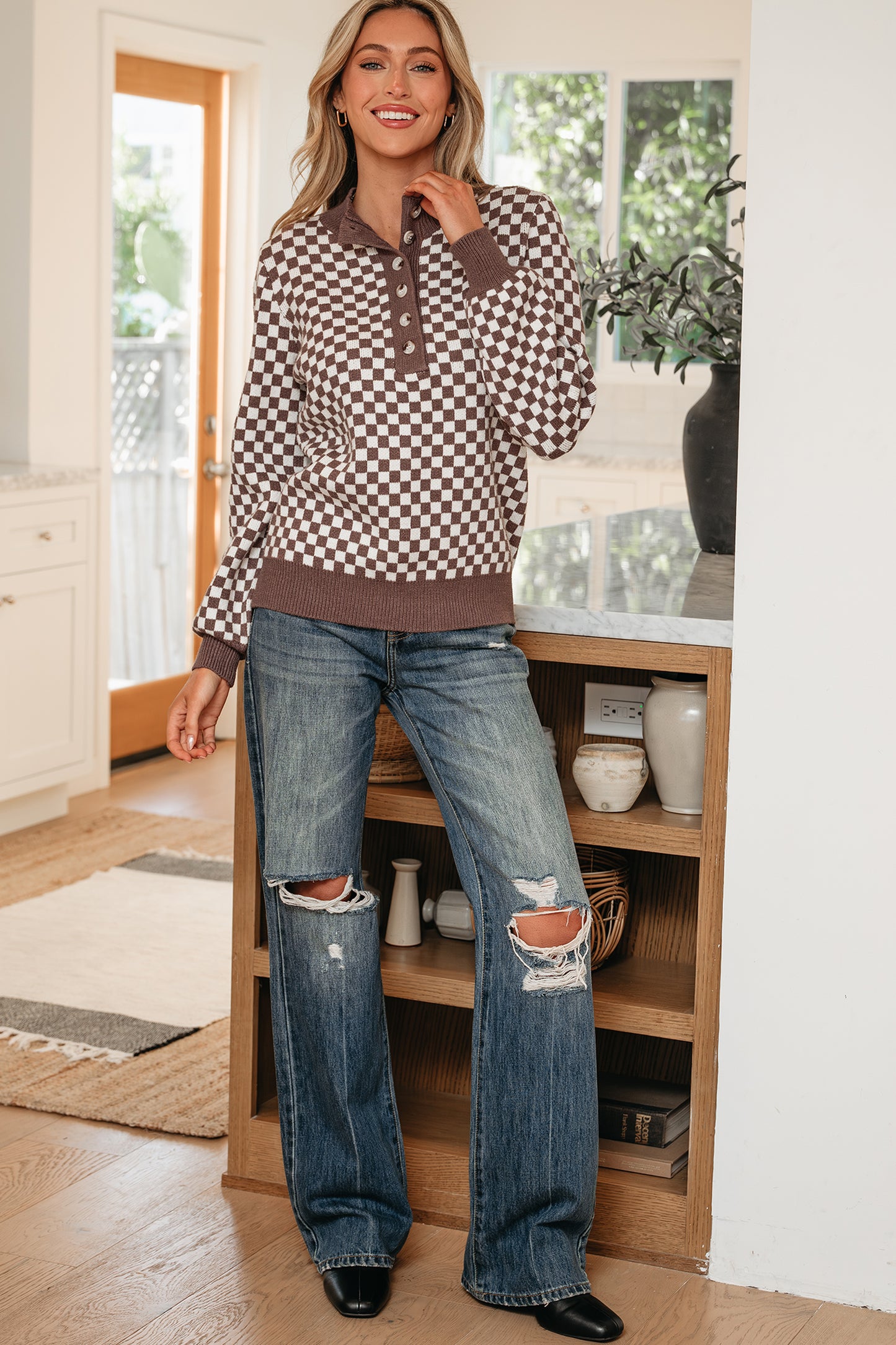 Dark Brown Half Button Ribbed Trim Checkerboard Knit Sweater