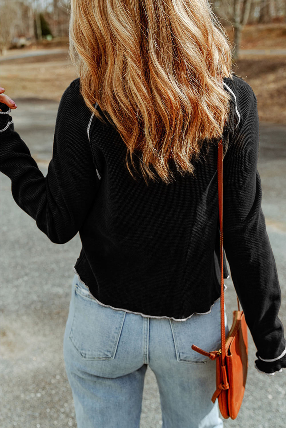 Brown Textured Round Neck Long Sleeve Top