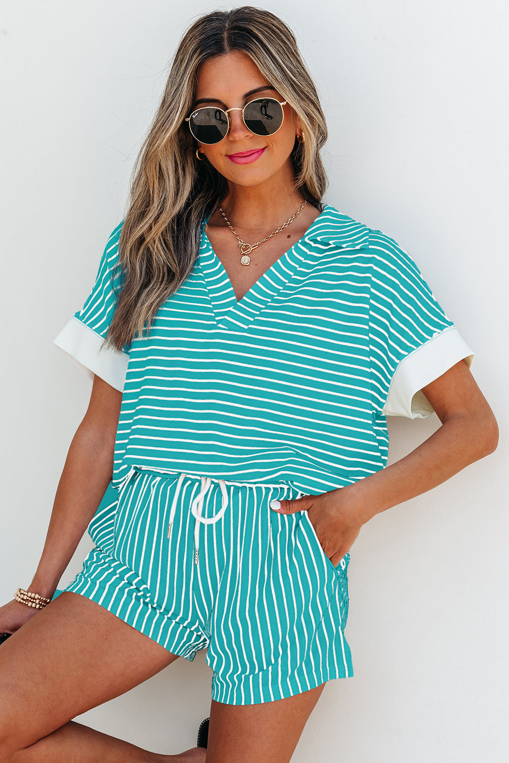 Black Stripe V Neck Tee and Casual Short Set