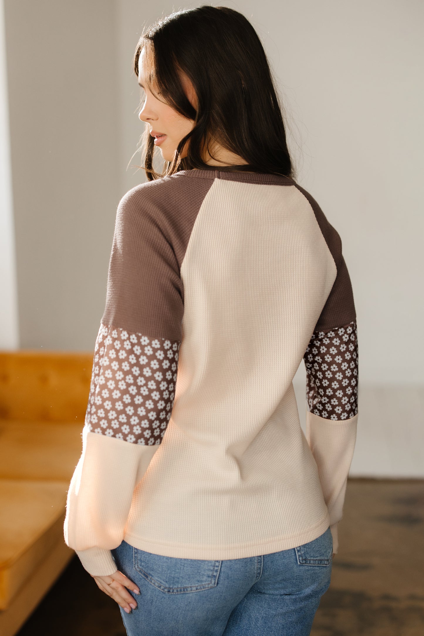 Brown Floral Print Patchwork Color Block Long Sleeve Top