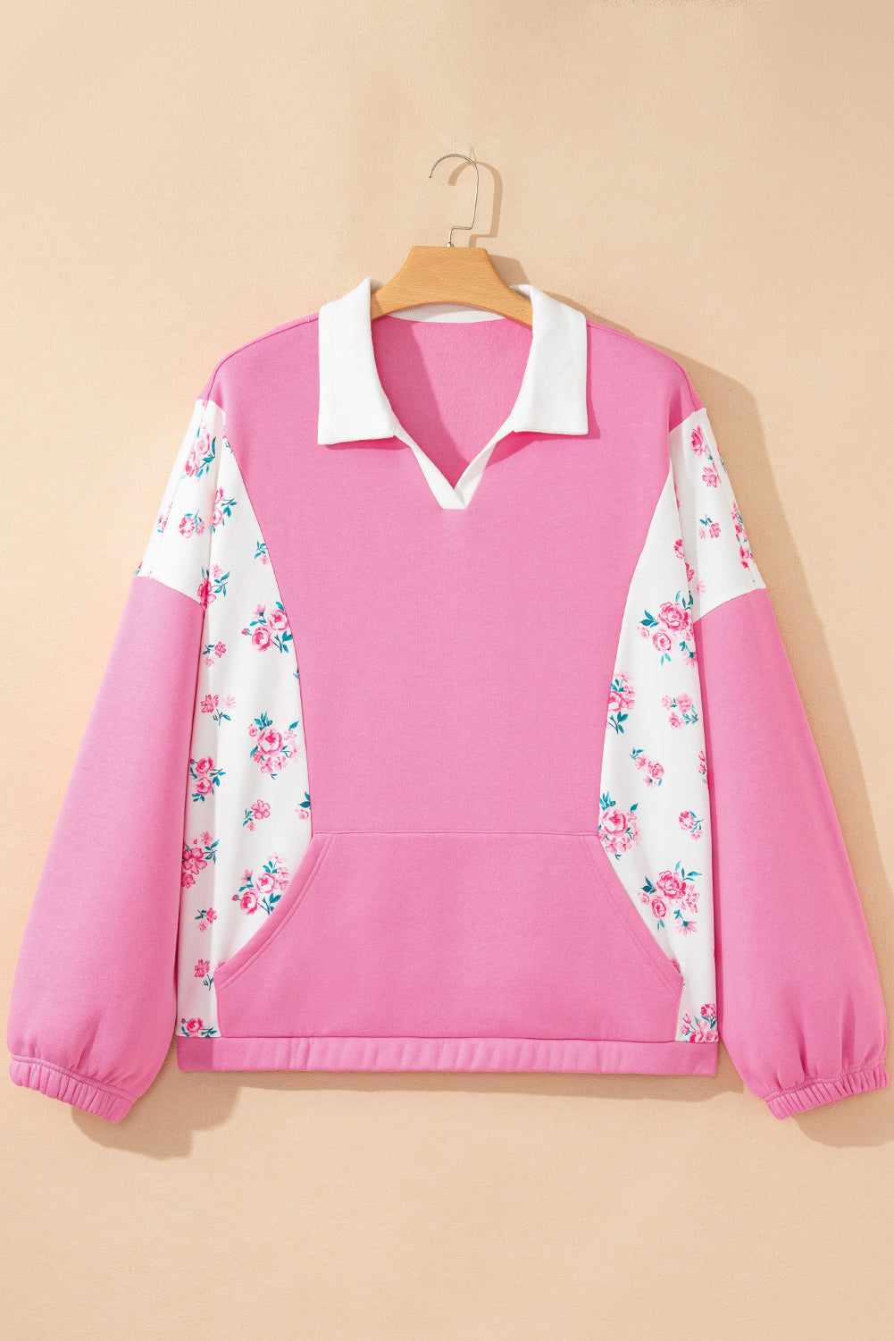 Pink Plus Size Contrast Polo Collar Floral Patchwork Elastic Cuffs Long Sleeve Top