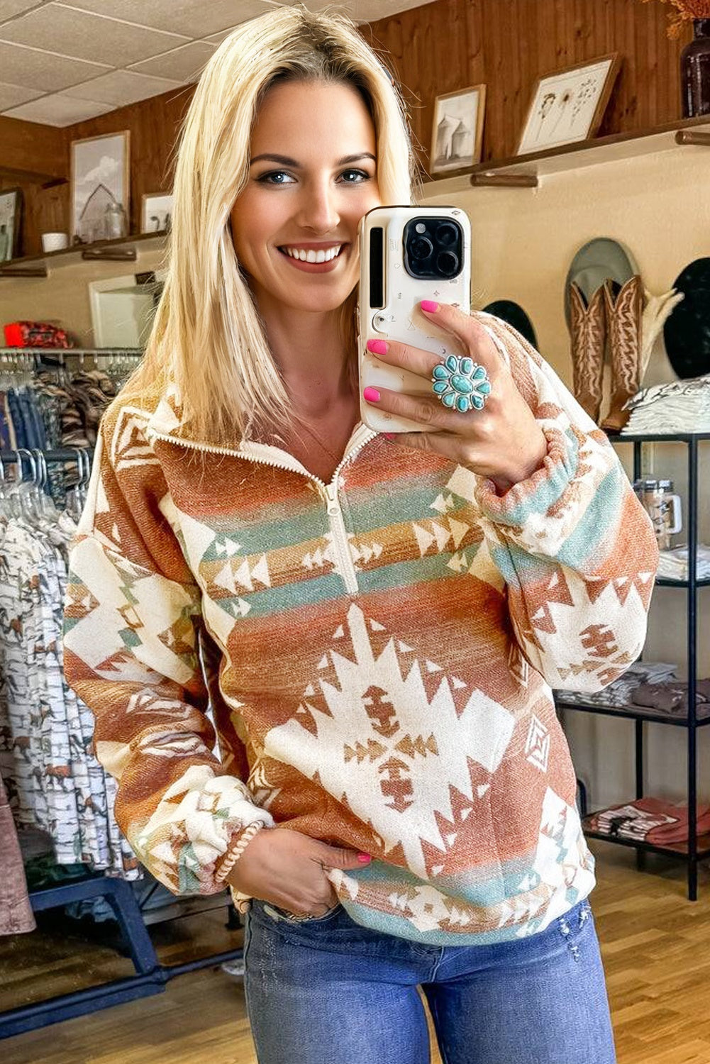 Green Quarter Zip Elastic Cuffs Aztec Sweatshirt