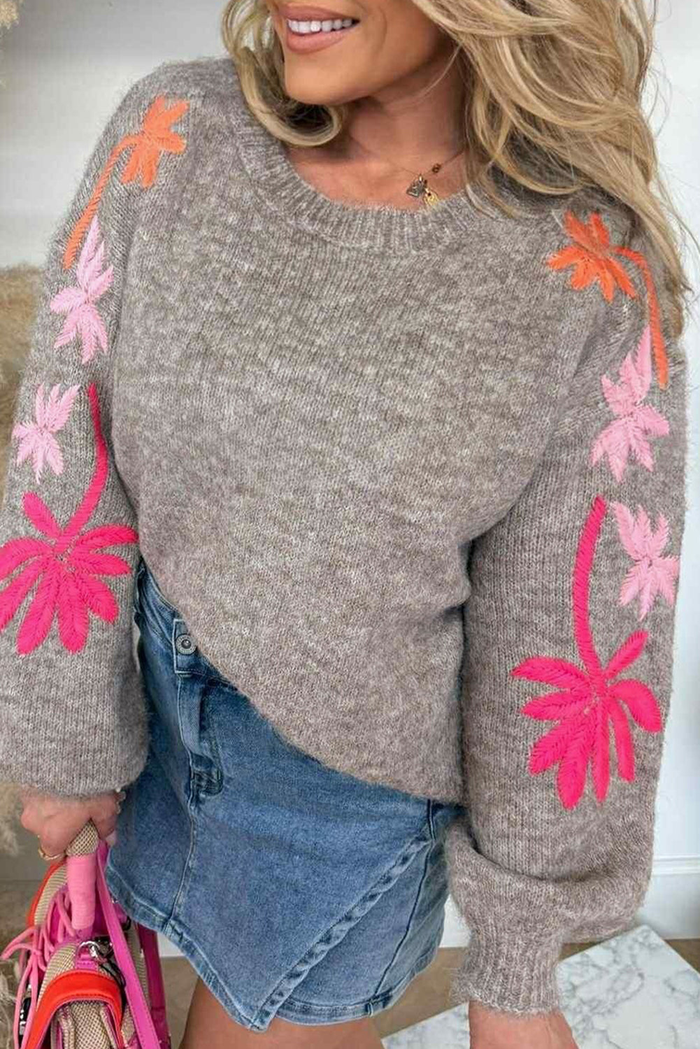 Beige Embroidered Floral Sleeve Round Neck Loose Sweater