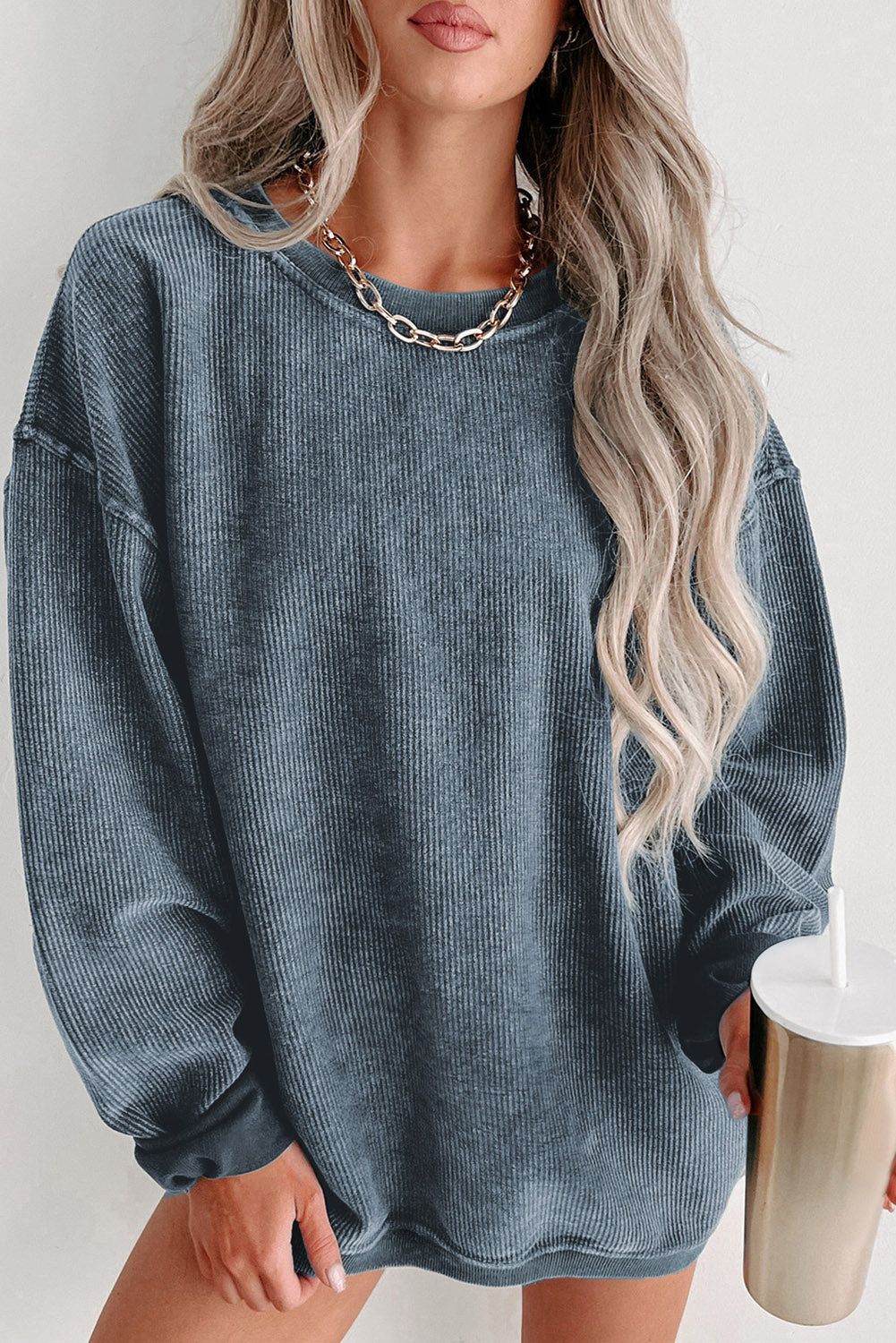 Green Solid Ribbed Knit Round Neck Pullover Sweatshirt