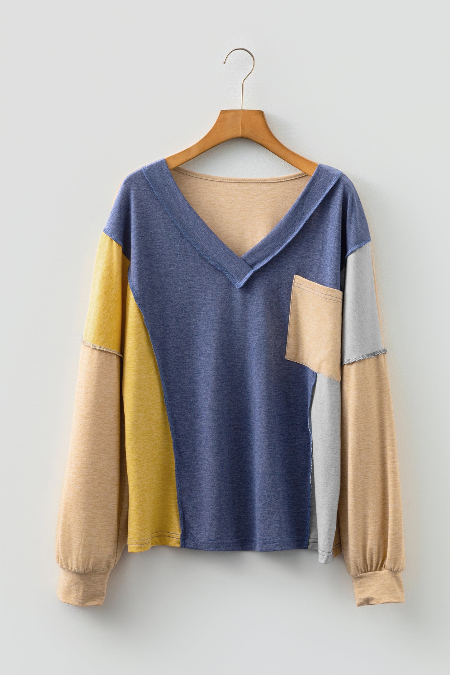 Sail Blue Exposed Stitching Colorblock V Neck Long Sleeve Top