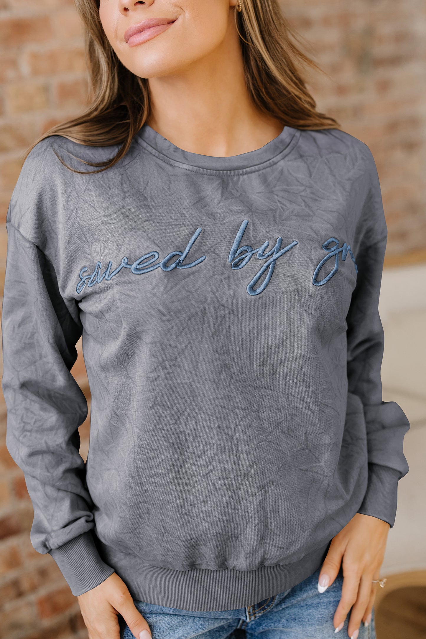DUNE saved by grace Letter Embroidery Mineral Wash Loose Sweatshirt