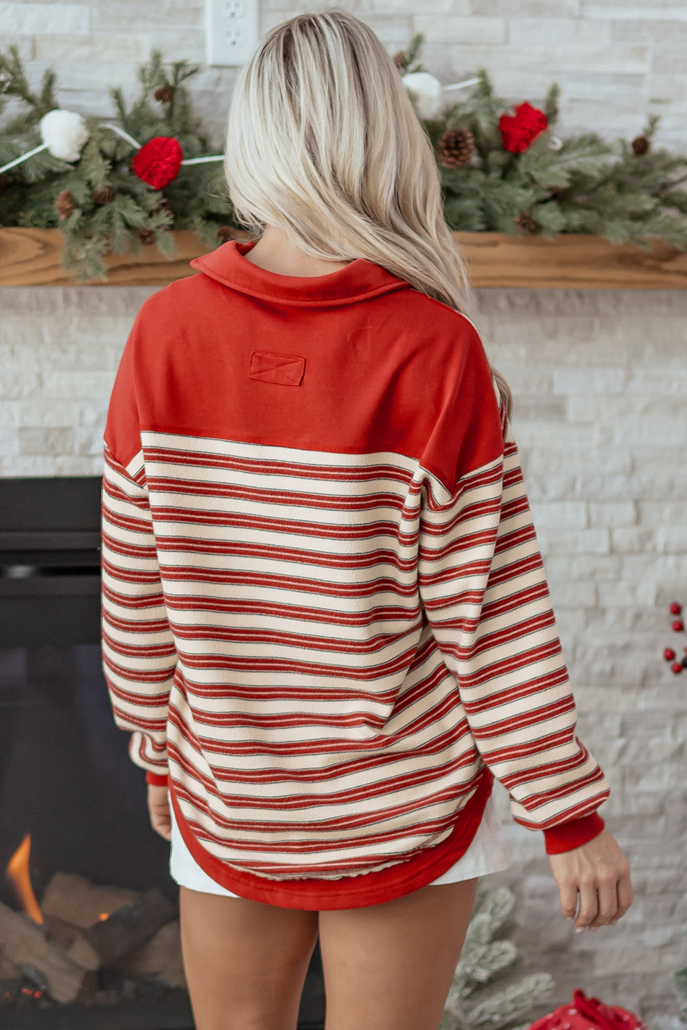 Red Stripe Buttoned V Neck Collared Drop Shoulder Top