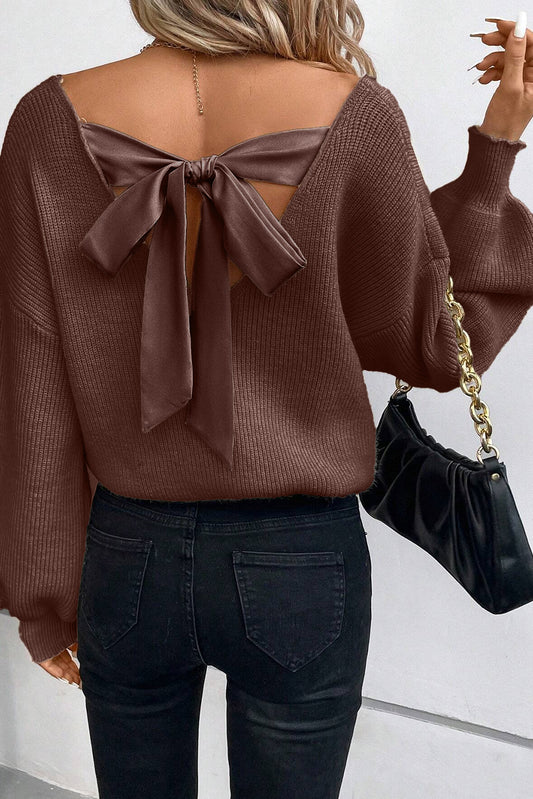 Racing Red Lantern Sleeve V Neck Knot Back Sweater