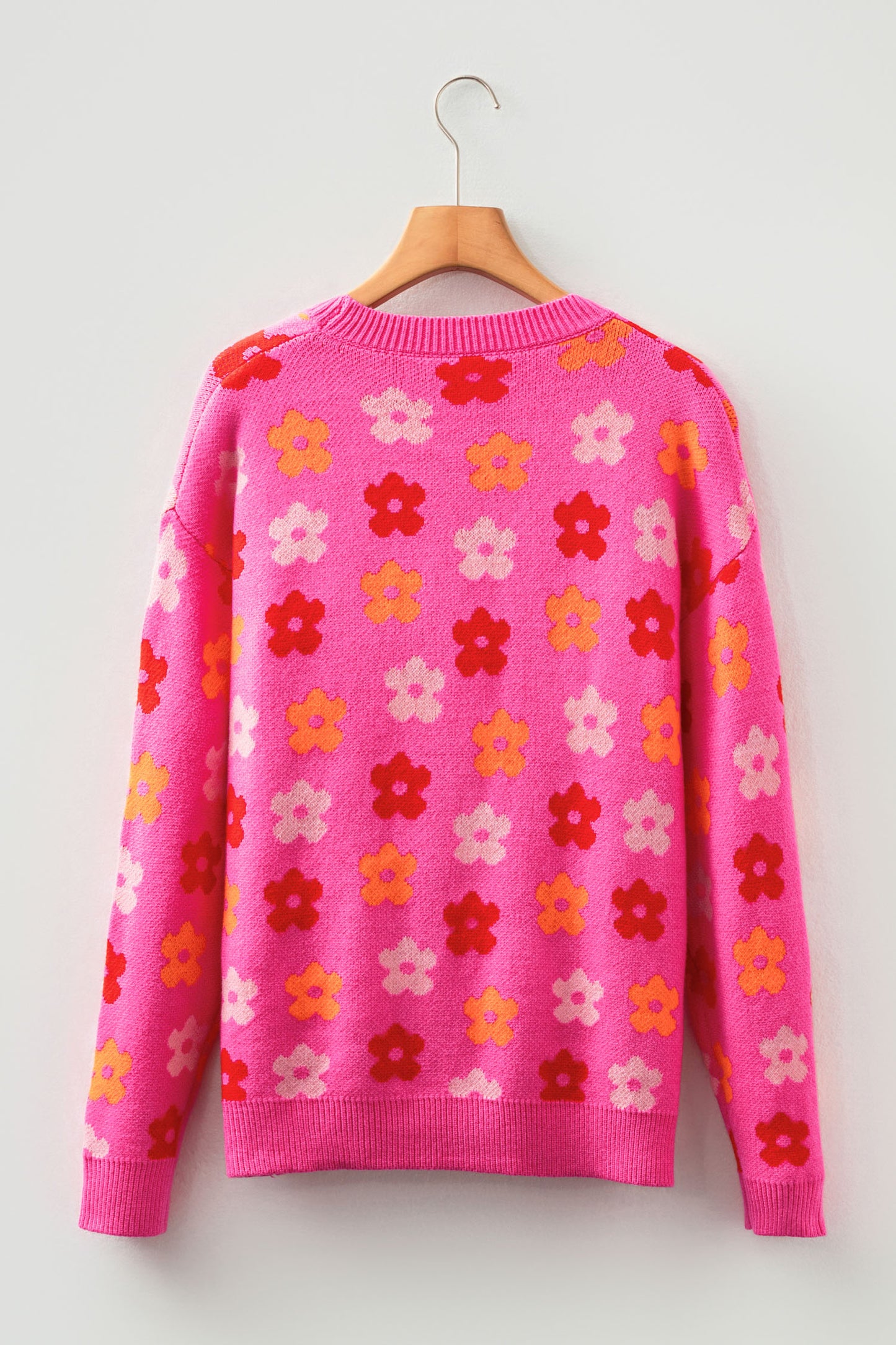 Rose Cute Flower Allover Ribbed Trimmed Drop Shoulder Pullover Sweater