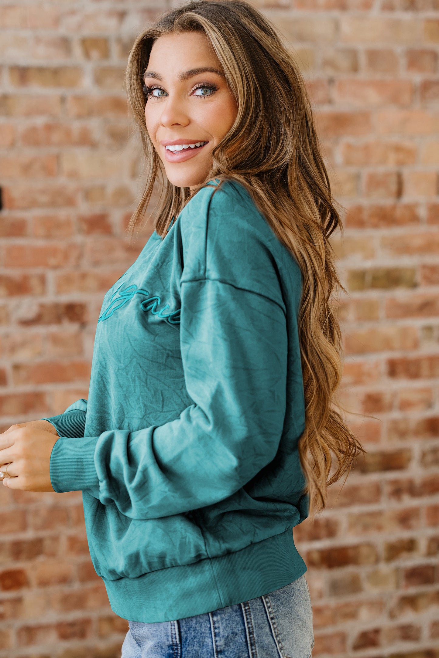 DUNE saved by grace Letter Embroidery Mineral Wash Loose Sweatshirt