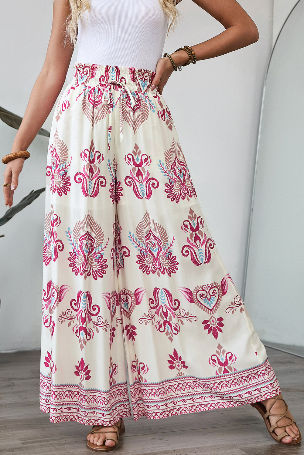 Rose Boho Printed Shirred High Waist Flowy Wide Leg Pants