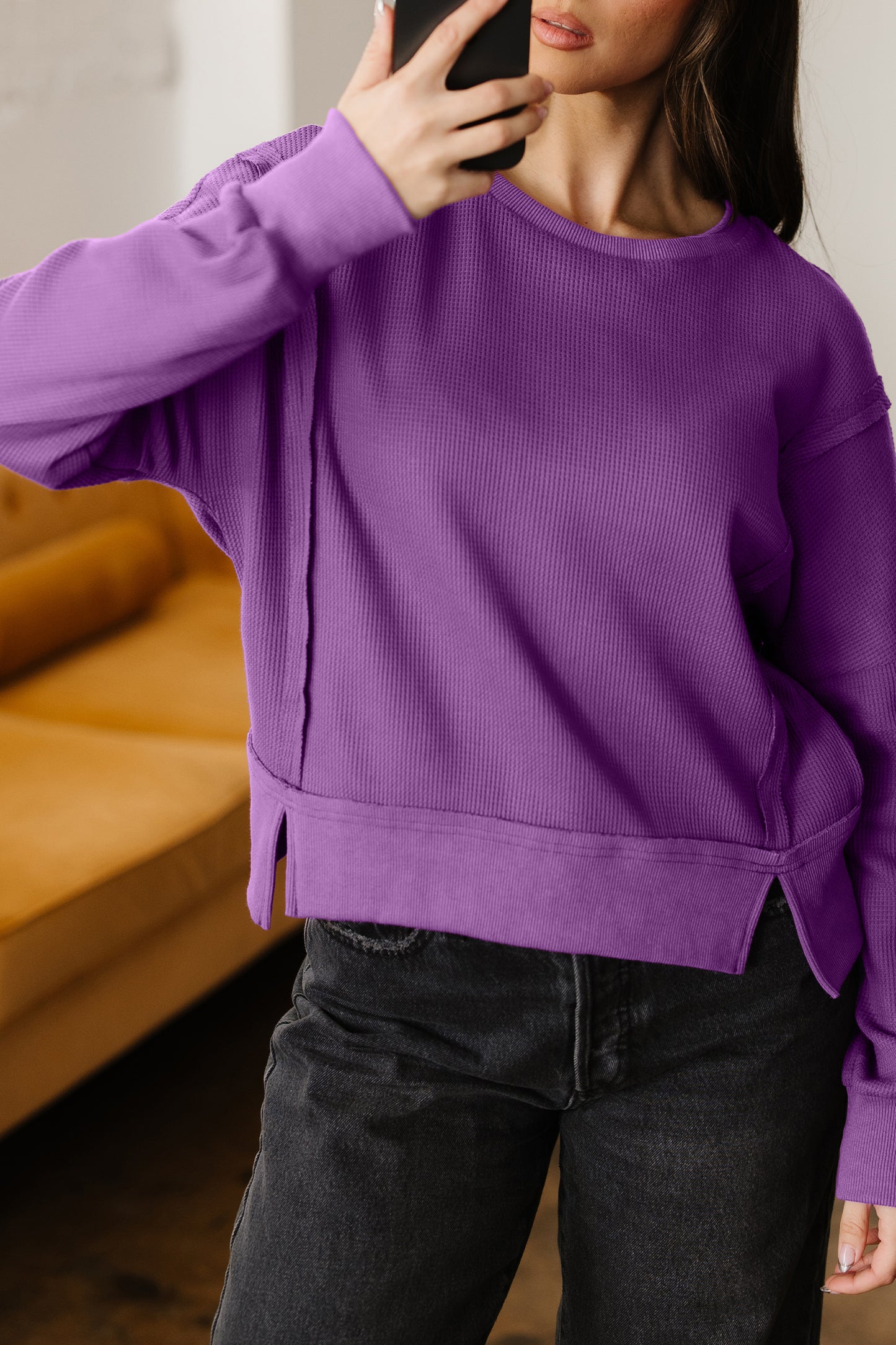 Evergreen Solid Color Raw Seam Patchwork Ribbed Drop Shoulder Sweatshirt