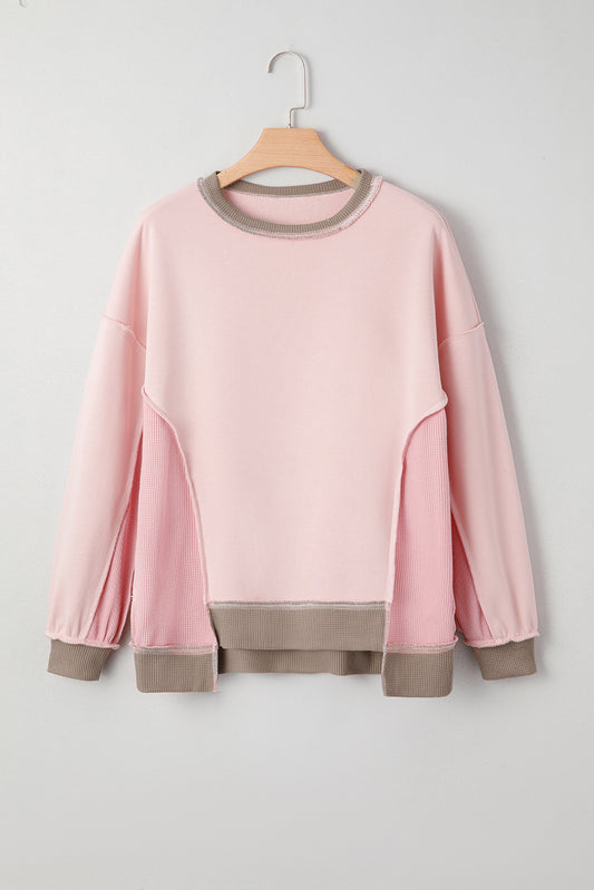 Light Pink Color Block Mix Texture Waffle Patchwork Oversize Sweatshirt