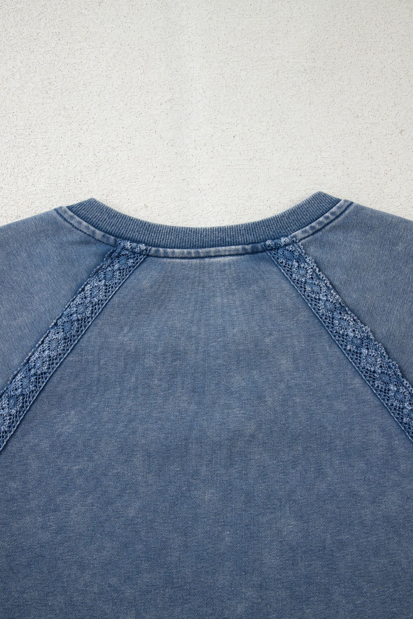 Sail Blue Lace Patchwork Detail Notched Neck Mineral Wash Baggy Sweatshirt
