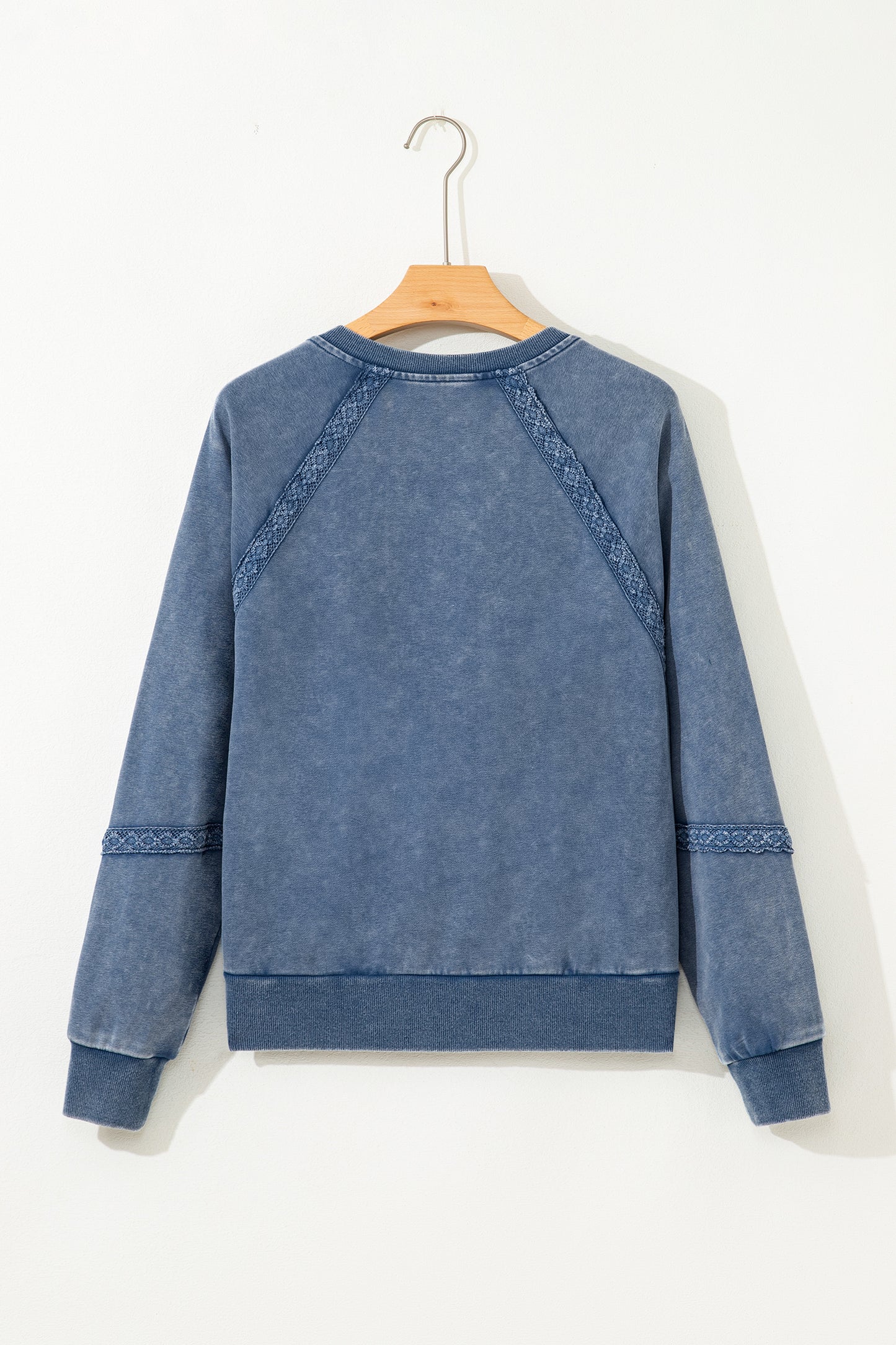 Sail Blue Lace Patchwork Detail Notched Neck Mineral Wash Baggy Sweatshirt