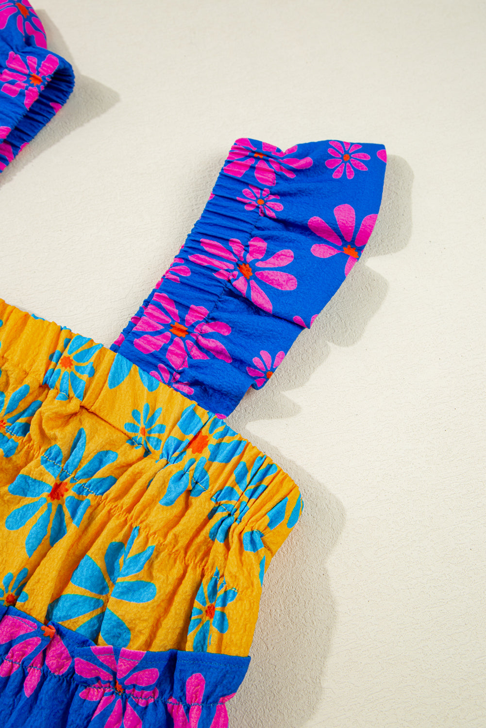 Blue Floral Colorblock Flutter Straps Flowy Tank Top