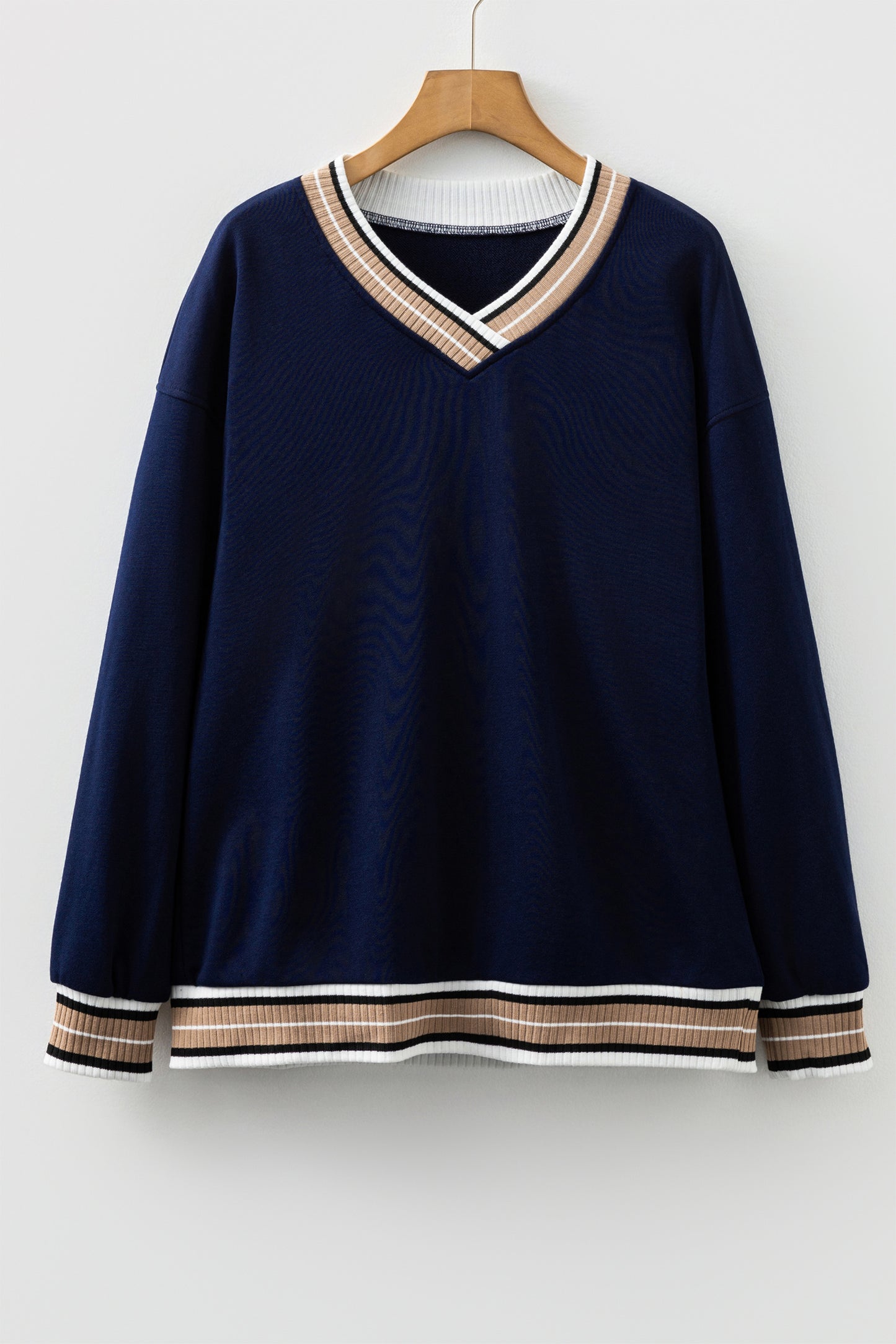 Navy Blue Varsity Contrast Striped Trim V Neck Sweatshirt