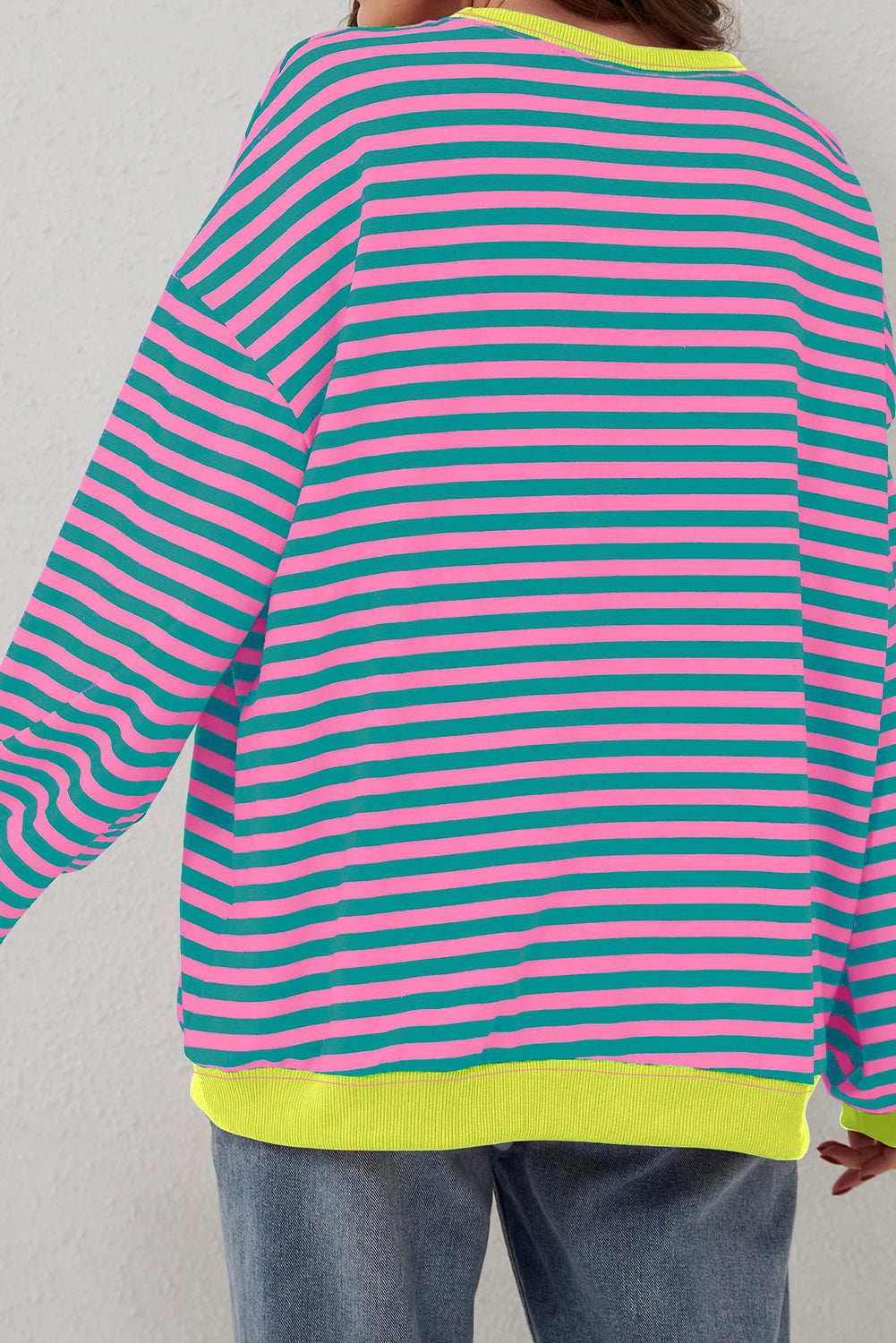 Green Stripe Contrast Ribbed Trim Crossed Stitch Drop Shoulder Sweatshirt